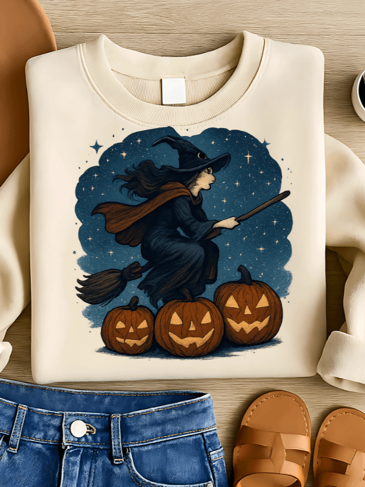 Broomstick Flight Witch Sublimation PNG – Flying Halloween Clipart for T-Shirts – Starry Night & Pumpkin Glow Theme – 300 DPI Instant Digital Download product image (1)