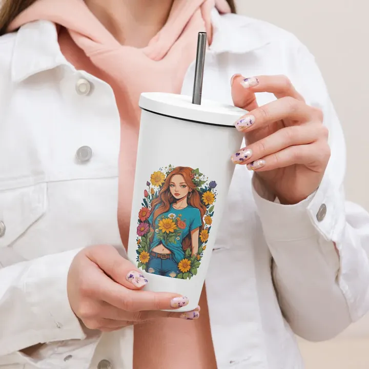 Bloomcore Flower Girl 20 oz Tumbler Cup - White - Insulated Tumbler with a Straw - v1 product image (2)