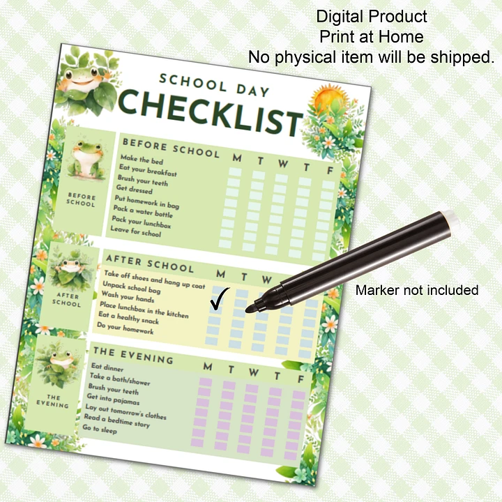 Child's Cute Frog School Day Checklist Back To School Digital Printable product image (1)