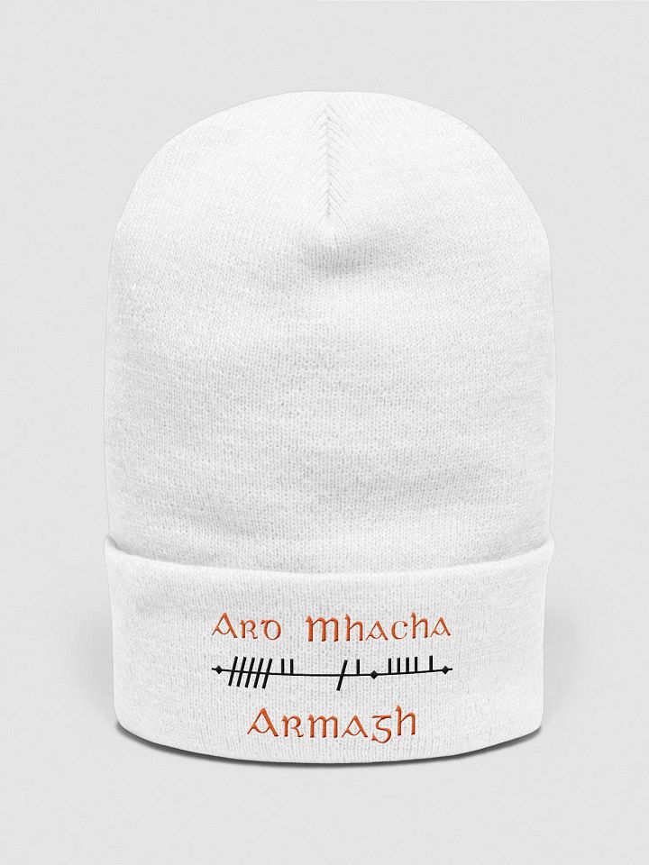 Armagh/Ard Mhacha Scholastic Style Ogham, white with Tangerine and Black, embroidered cuffed Beanie product image (1)