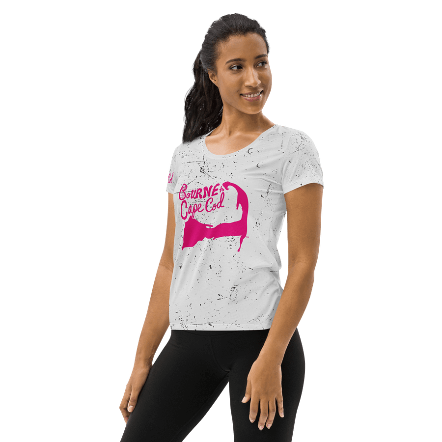 Women's | BOURNE to Cape Cod™ | Sporty Prep Tee ⚓️ | Athletic Style | Pink Logo on Distressed White product image (3)