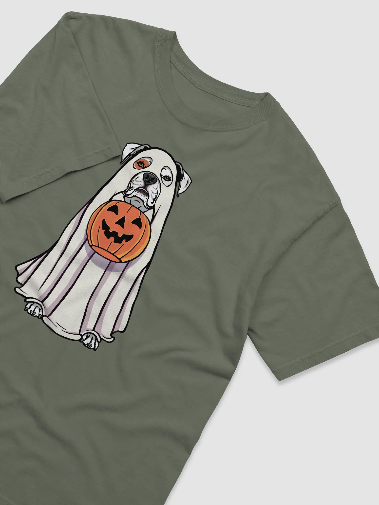 Funny Halloween Boxer(White) Dog T-Shirt | Funny Boxer Wearing a Ghost Costume and Holding a Pumpkin Basket product image (10)