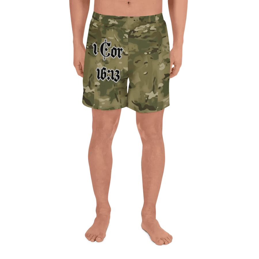 Faithful Camo: 1 Corinthians 16:13 Unisex Athletics Shorts - Multicam product image (2)