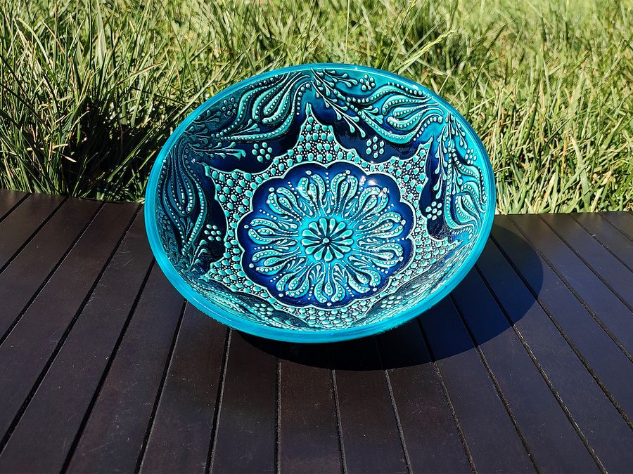 Turquoise Floral Elegance: Handcrafted 20cm Turkish Ceramic Bowl — handmade pottery, handmade ceramic, home decor, handmade gift product image (6)