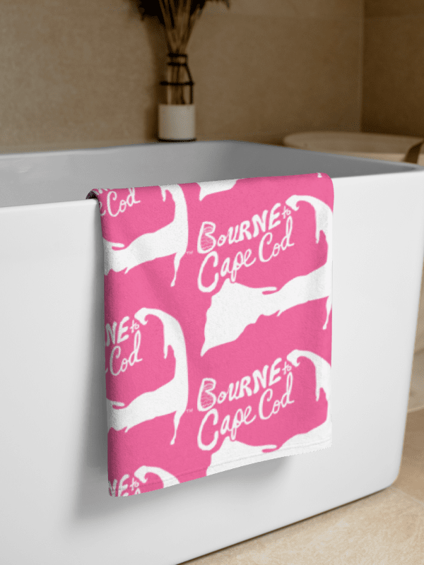BOURNE to Cape Cod™ | Coastal Classic Beach Towel | All-Over Logo Print | Vibrant Colors for Salty Souls | White Logo on Brilliant Rose product image (2)