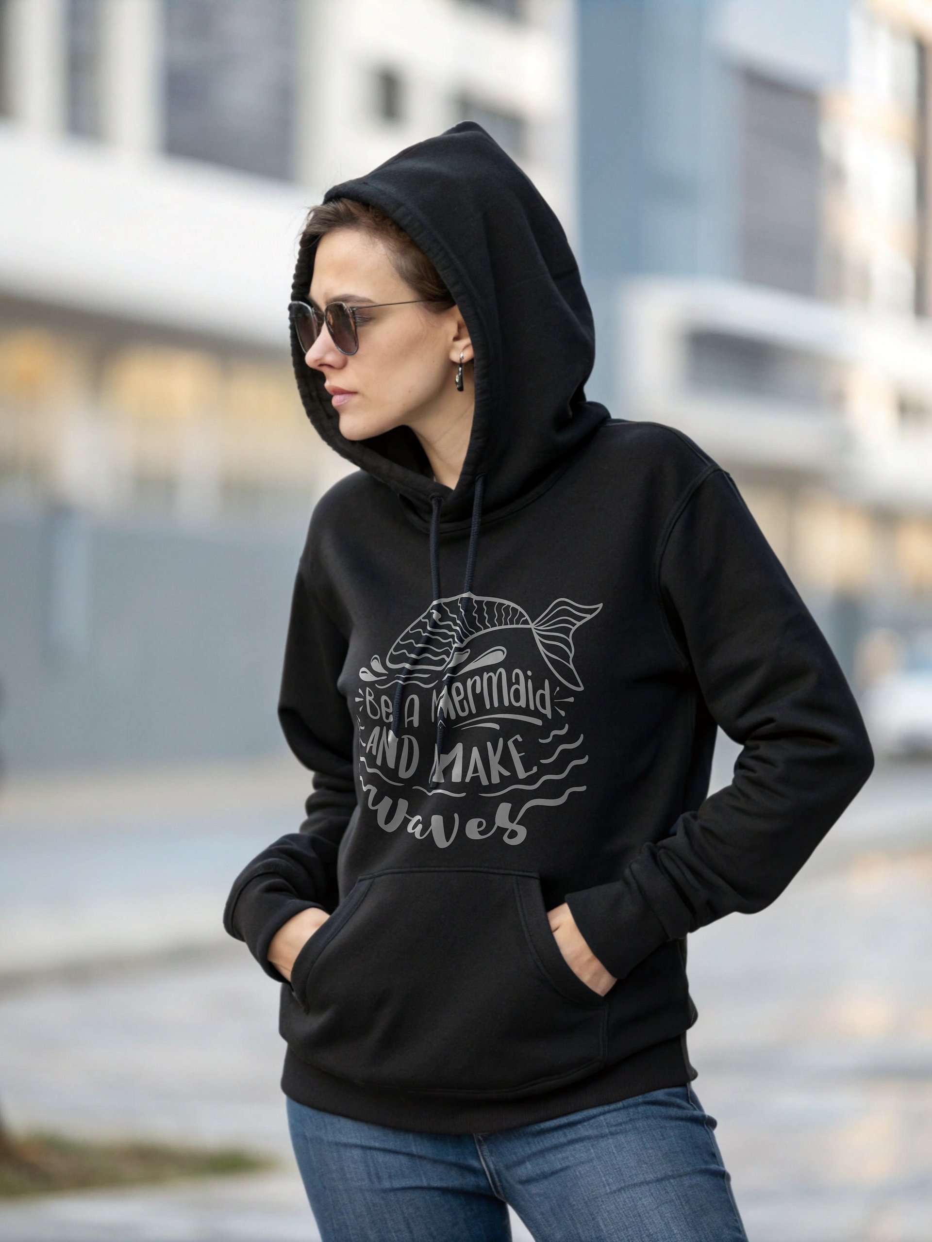 Be A Mermaid & Make Waves Calligraphy Hoodie, Gen Z Fashion, Long Sleeves Hoodie, Unisex Heavy Cotton Top, Be A Mermaid Shirt product image (3)