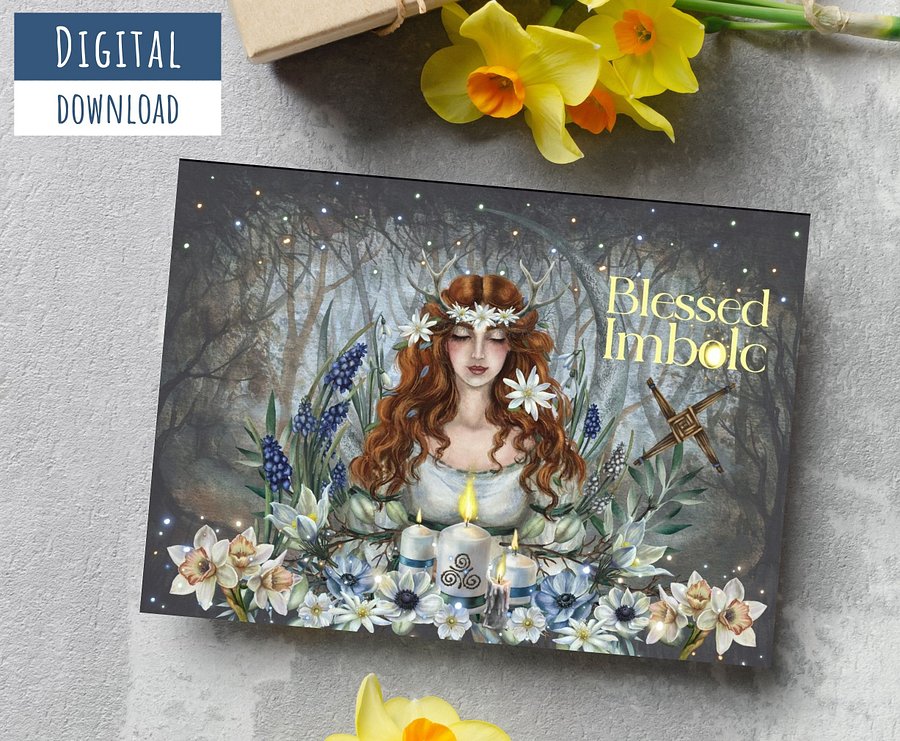 Printable Blessed Imbolc Card #1, Blank Inside, Goddess Brigid card product image (4)