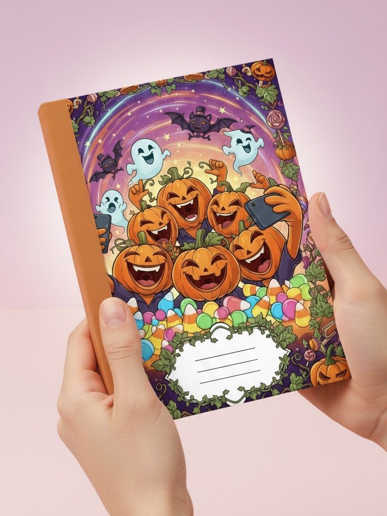 Spooky Selfie Squad Halloween Digital Notebook Cover | Printable Planner & Journal Cover | Fun Pumpkin Ghost Bat Design | Instant Download product image (1)