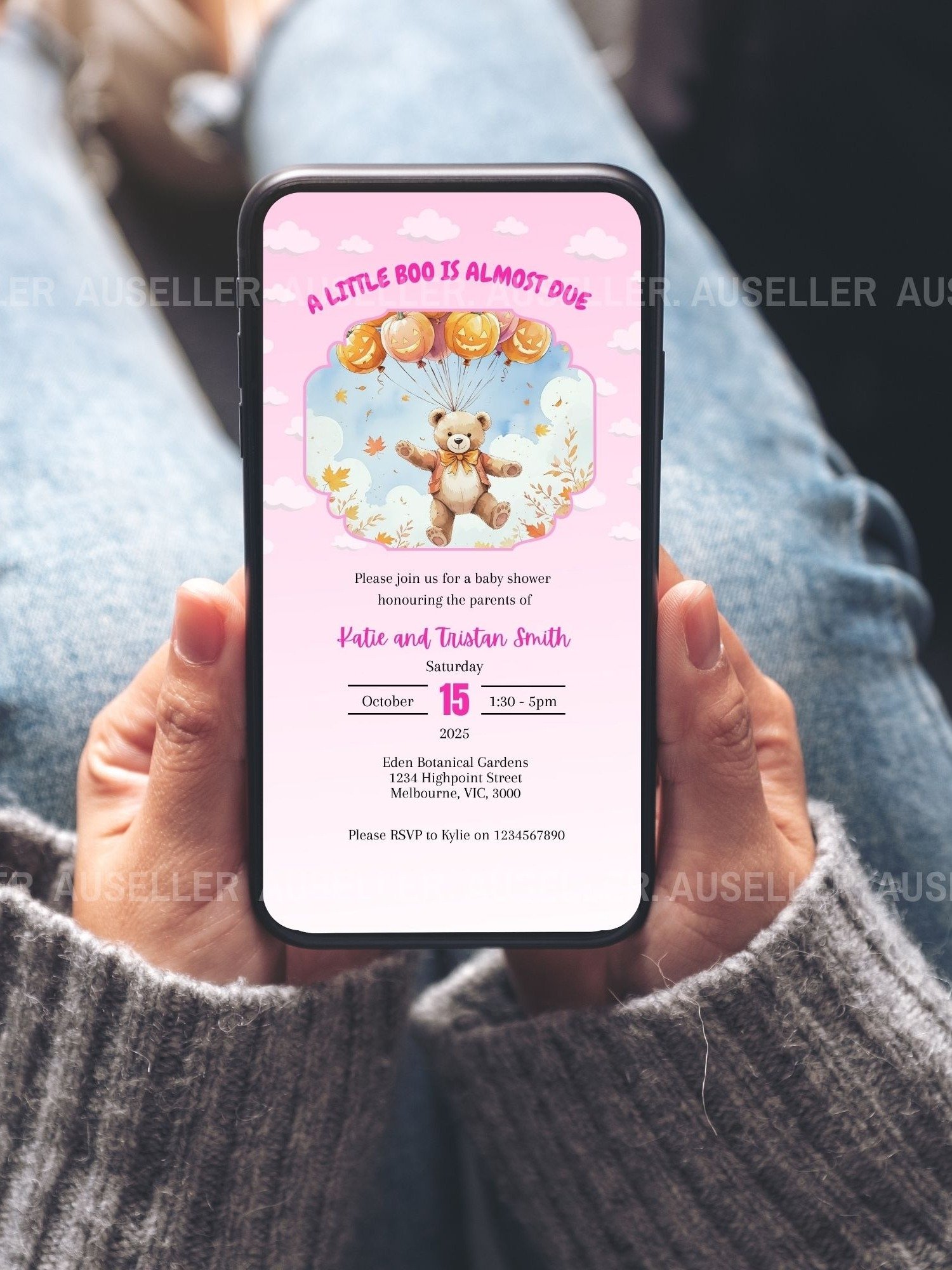 Bear With Pumpkin Balloons and Clouds Halloween Baby Shower Invitation product image (8)