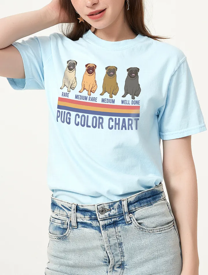 Pug Color Chart T-Shirt | Funny Retro-Style Pug Color Types Using Steak Colors for Reference Shirt product image (3)