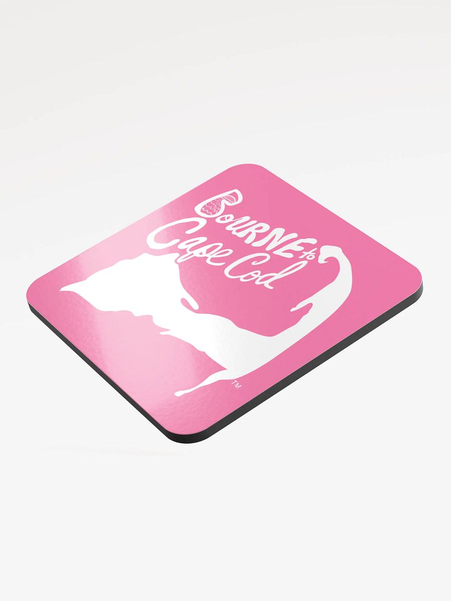 BOURNE to Cape Cod™ | Coastal Coaster | Glossed Cork | Eco-Friendly | Minimalist Coastal Decor | 3.74" Square | White Logo on Brilliant Rose product image (3)