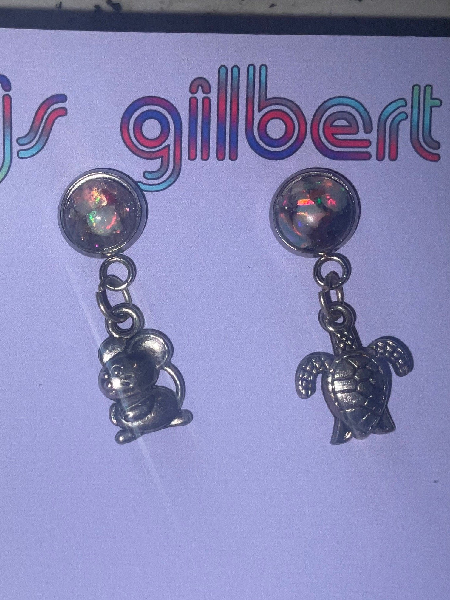 Opal Dangle earrings with mouse and turtle charms product image (1)