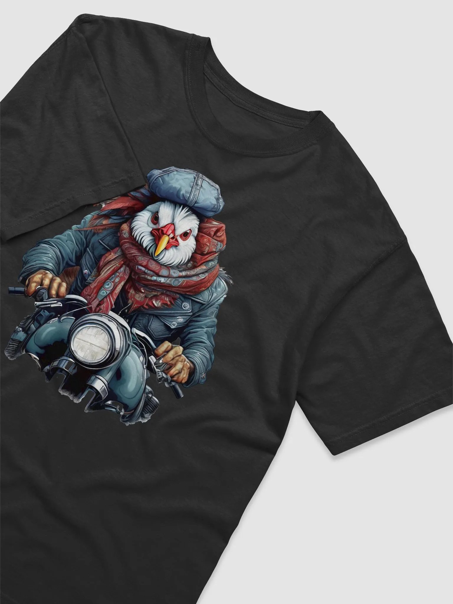 chicken wearing a jackets hat and a scarf on a motorcycle product image (3)