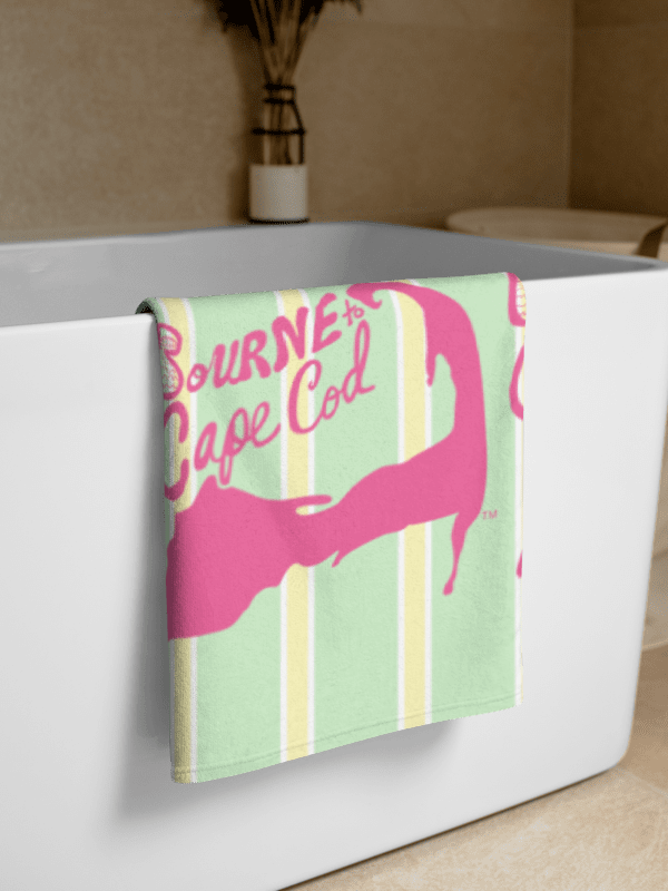 BOURNE to Cape Cod™ | Coastal Classic Beach Towel | All-Over Logo Print | Light Pink Logo on Pastel Preppy Stripes product image (2)