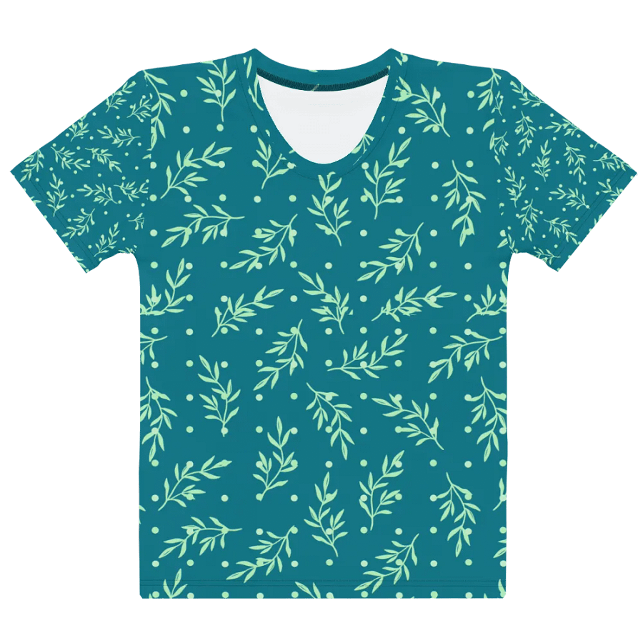 Ladies T shirt all over print teal color  leafy design  giving a fresh healthy feel for outdoor activity or outing. product image (9)