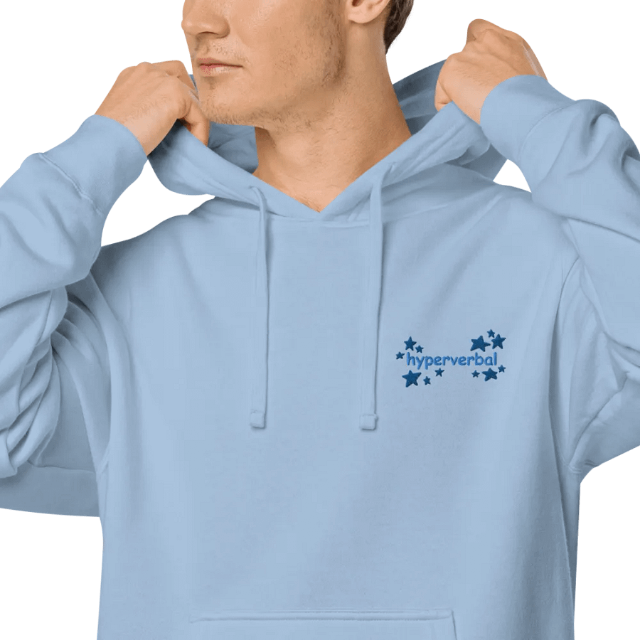 hyperverbal (L.C. comic sans with stars, duotone blue) embroidered pigment-dyed hoodie product image (11)