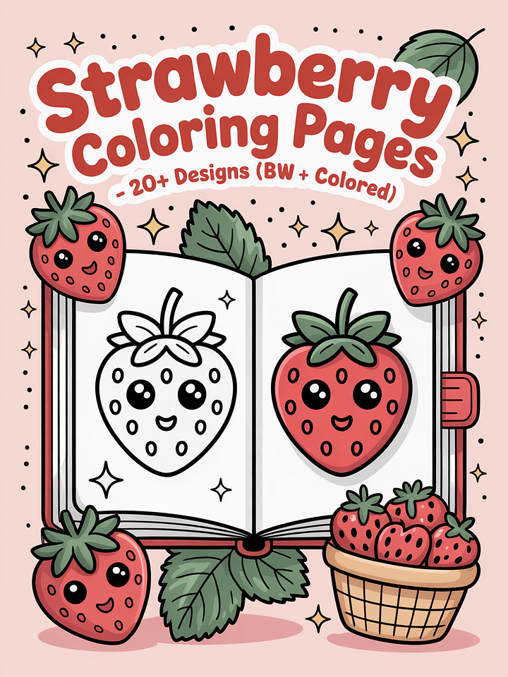 Cute Strawberry Coloring Pages | 20+ Sweet Designs | Black & White + Colored Reference Pack product image (1)