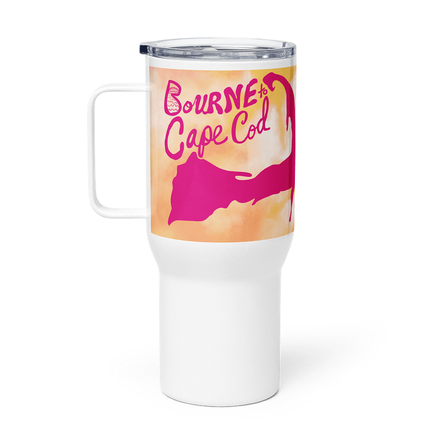 BOURNE to Cape Cod™ | Allcolor 267 | Stainless Steel Travel Mug with Handle | Insulated, Spill-Proof, Coastal Adventure Style | Pink Logo on Orange Tie-Dye product image (2)