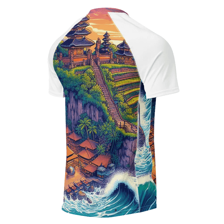 Sunset Temple Men's Rash Guard | AI Design bali city product image (2)