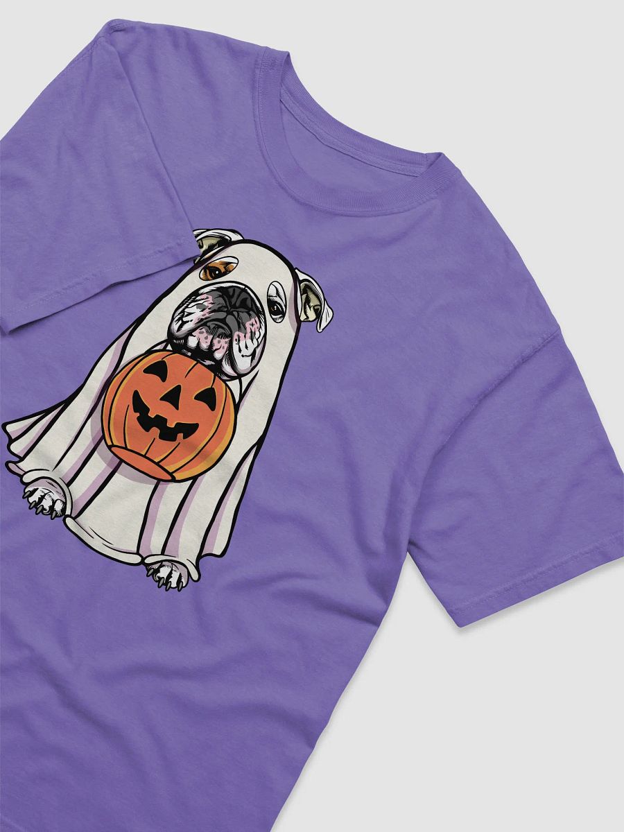 Funny Halloween English Bulldog(White) T-Shirt | Funny English Bulldog Wearing a Ghost Costume and Holding a Pumpkin Basket product image (29)