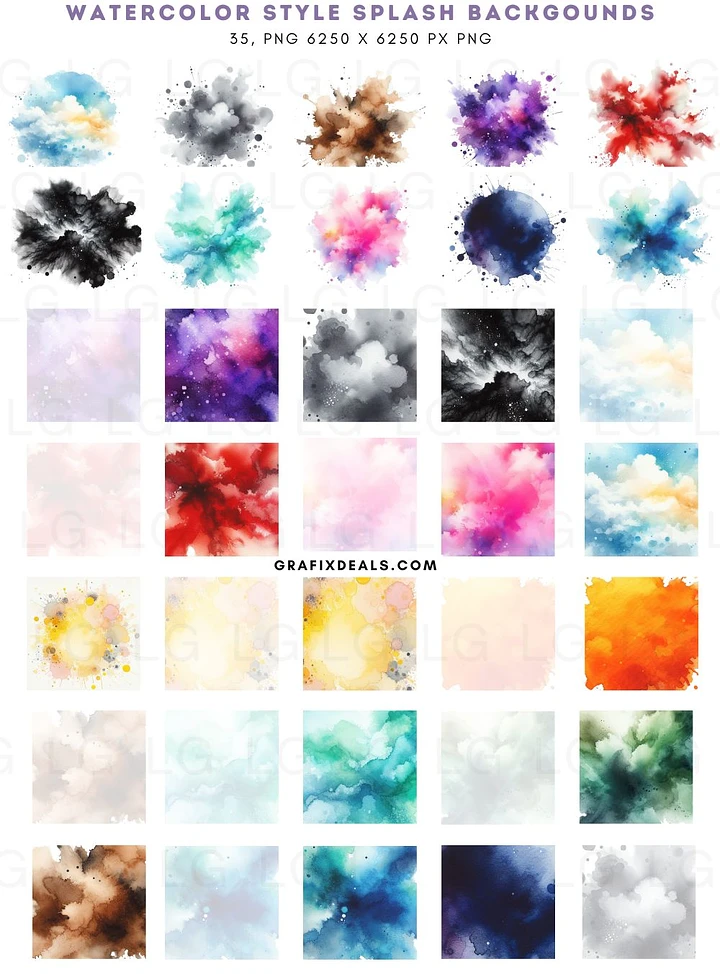 $1 Graphics Bundle - 35 x Watercolor Style Splashes + Backgrounds - Commercial POD Use product image (1)