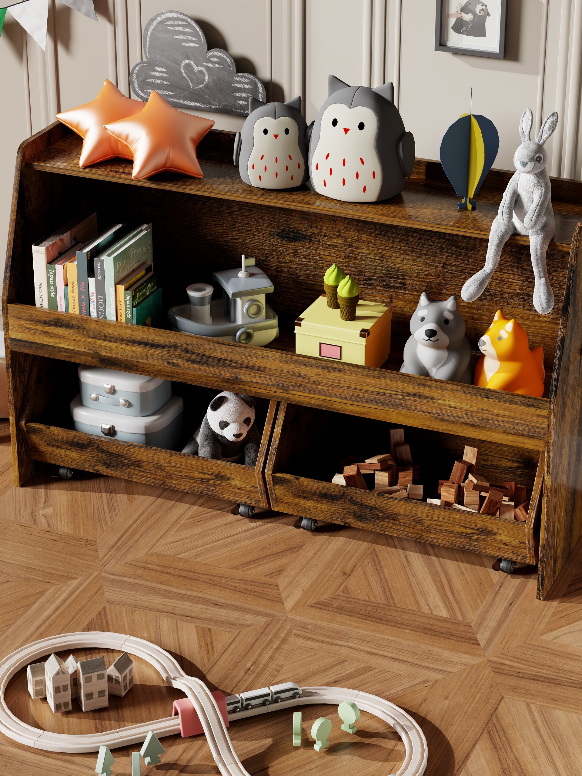 2-Tier Portable Toy Storage, Kids Toy Organizer W/2 Removable Bins with 4 Wheels（Brown) product image (8)