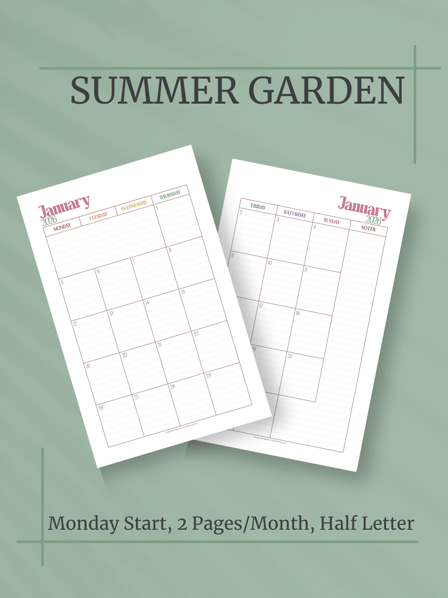 Summer Garden 2026 Calendar - 2 Pages per Month, Monday Start, Half Letter Size product image (1)