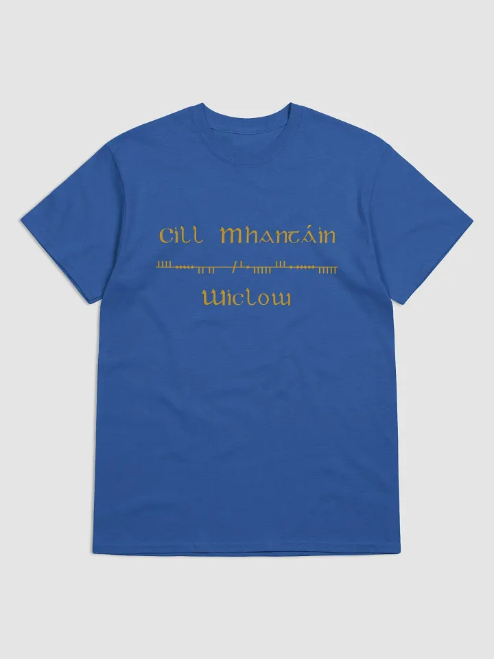 Wicklow/Cill Mhantáin Scholastic style Ogham Blue printed T-shirt product image (1)