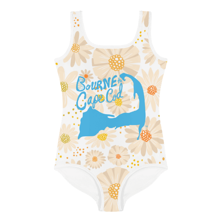 Girls' | One-Piece Swimsuit | BOURNE to Cape Cod™ | Front Logo | Coastal Kids Swimwear | Blue Logo on Daisies product image (1)