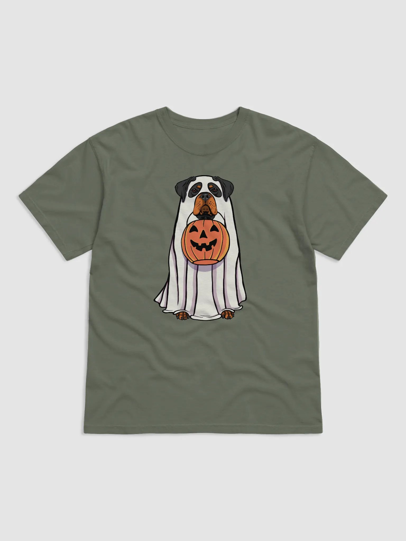 Funny Halloween Rottweiler T-Shirt | Funny Rottie Wearing a Ghost Costume and Holding a Pumpkin Basket product image (4)