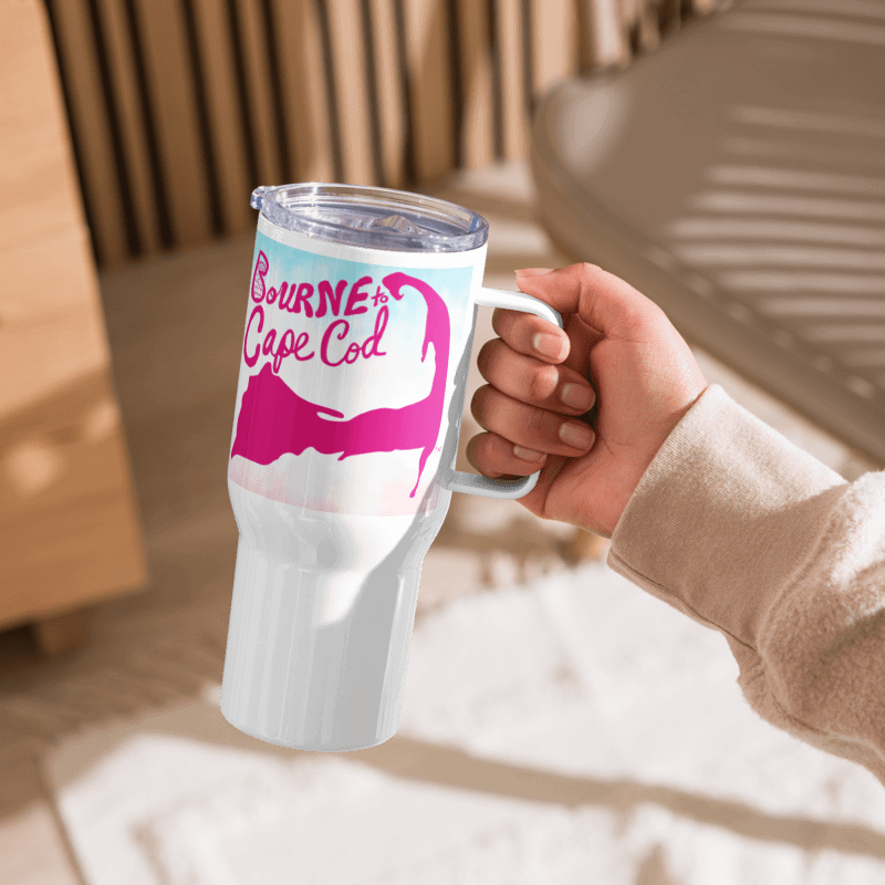 BOURNE to Cape Cod™ | Allcolor 267 | Stainless Steel Travel Mug with Handle | Insulated, Spill-Proof, Coastal Adventure Style | Pink Logo on Patriotic Pastels product image (1)