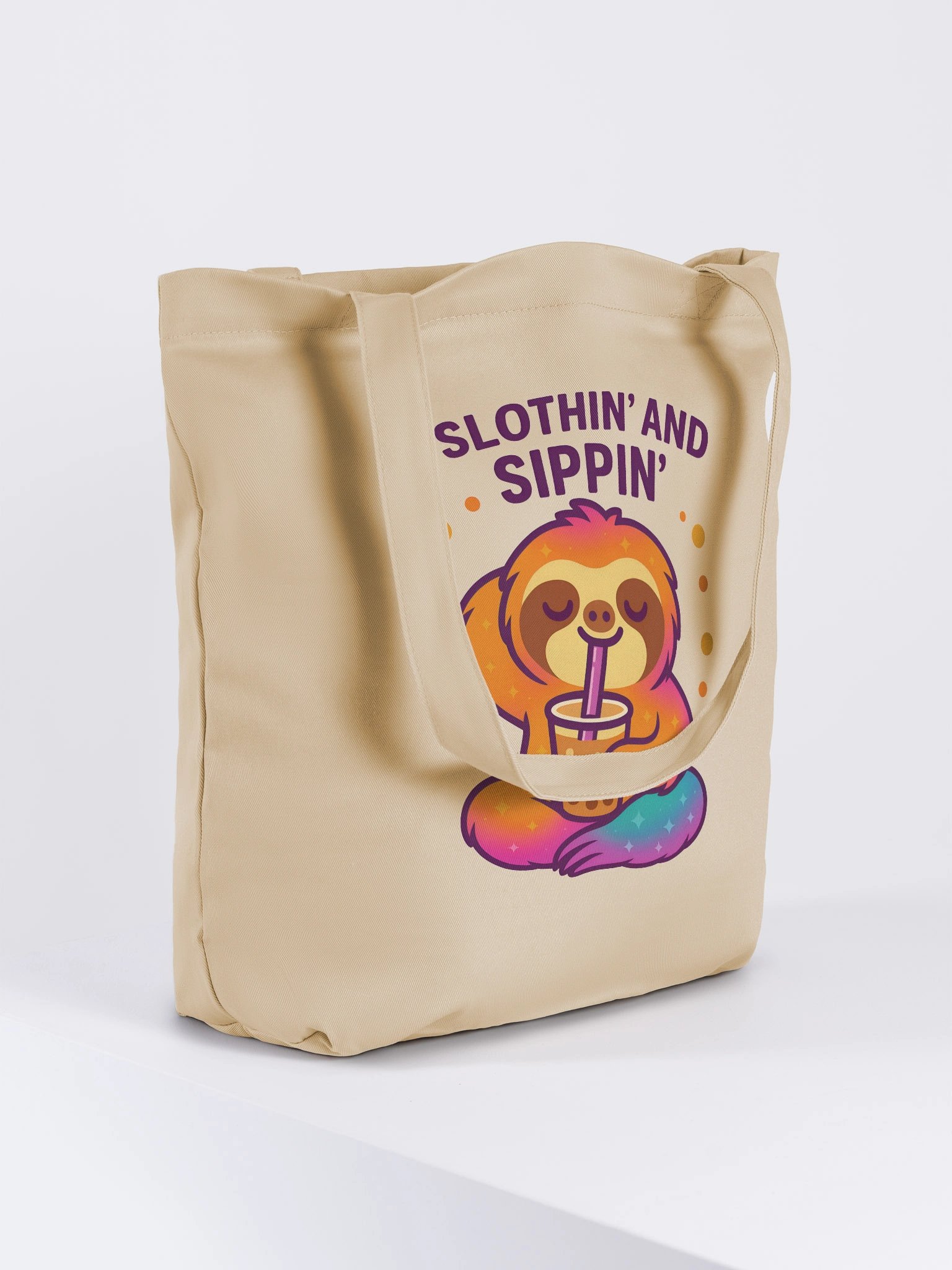 Slothin’ and Sippin’ – Funny Sloth Boba Tea Tote Bag (Double-Sided Print) | Eco Cotton Tote | Sloths Having Snacks Collection product image (4)