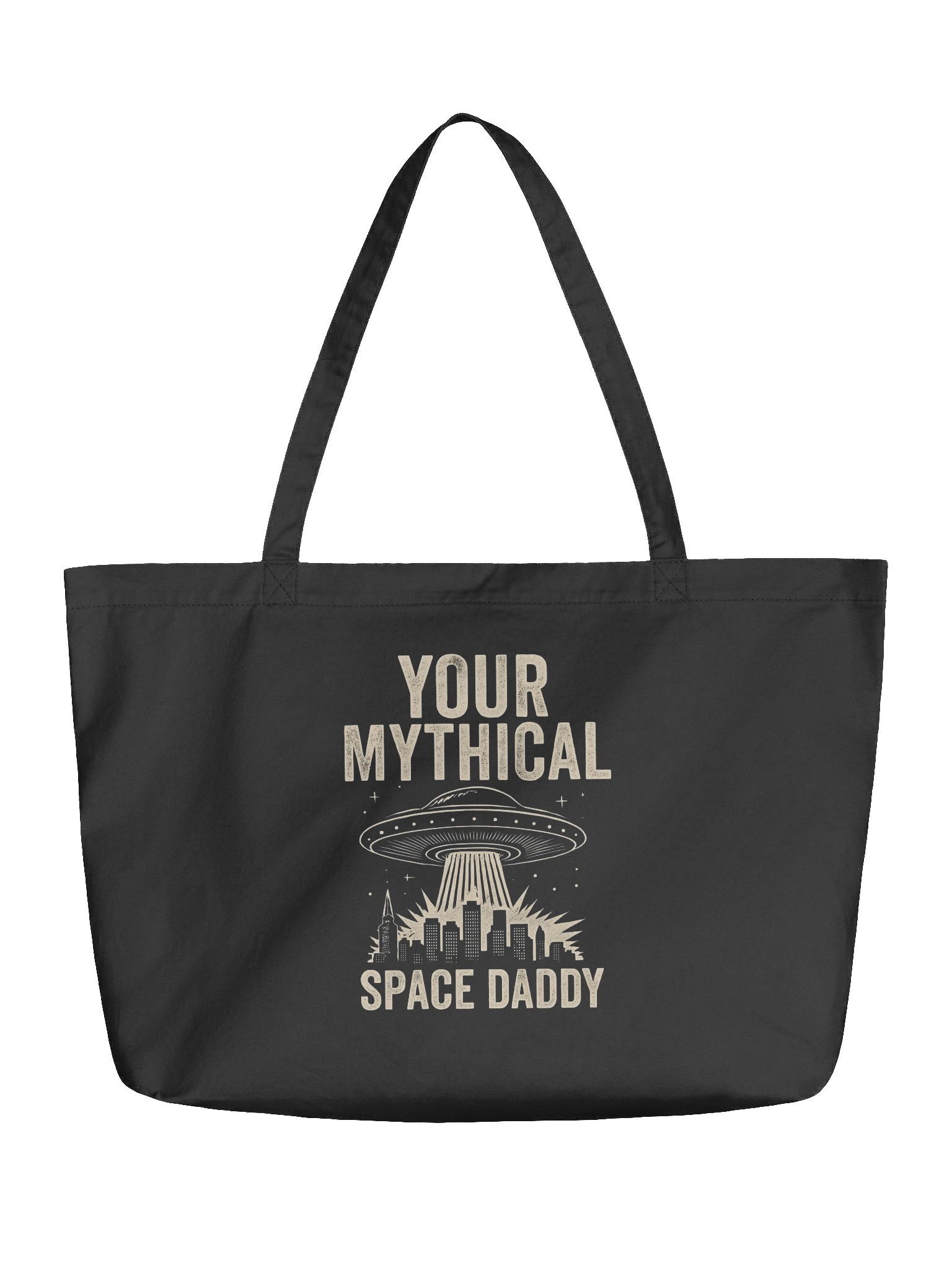 "Your Mythical Space Daddy' Tote Bag – Dark Sci-Fi Cityscape Graphic Organic Cotton Tote Bag | Funny Sarcastic Alien Humor Tote Bag product image (1)