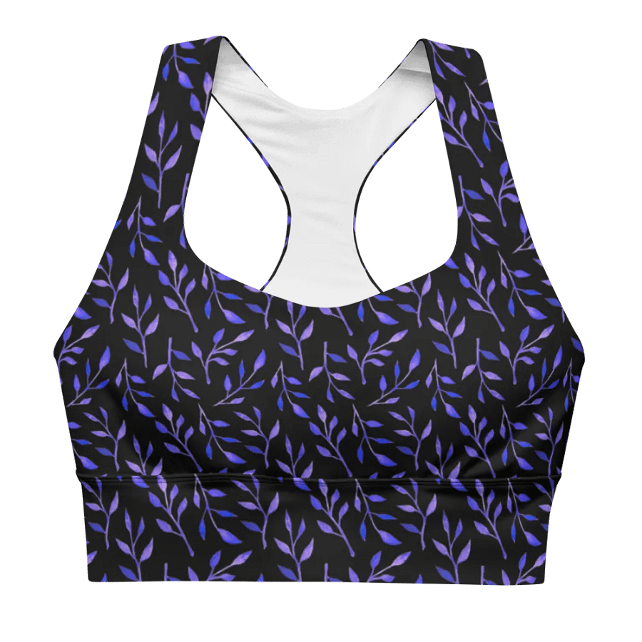 All over print sports bra  blue watercolour leafy design on black background product image (11)
