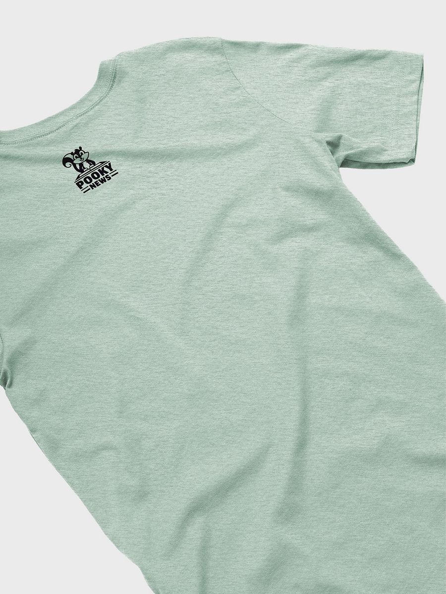 Super Soft and Flattering Tee: Stencil Pooky News, black, at a desk product image (4)