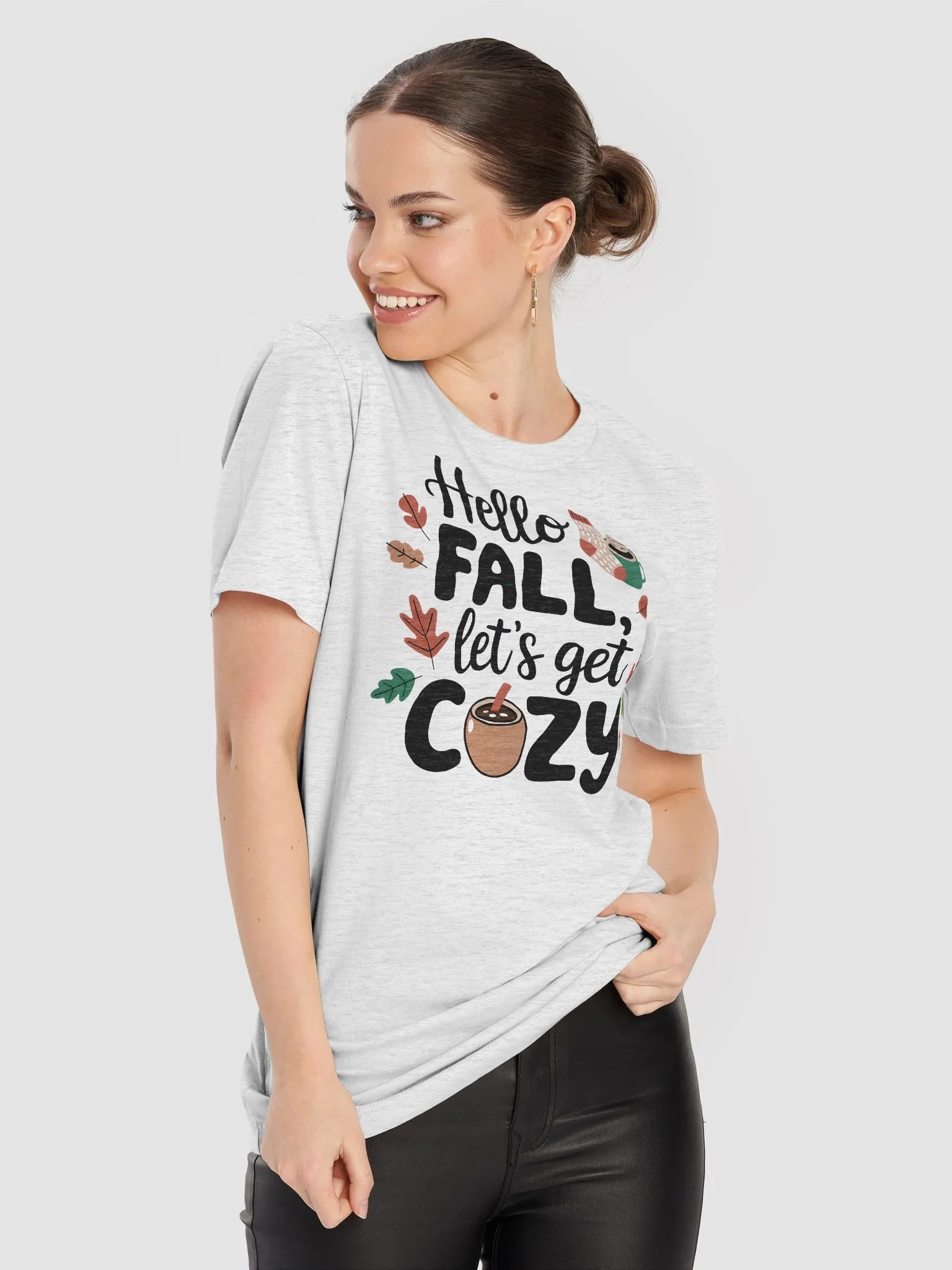 Hello FALL, let’s get COZY” t-shirt, Unique fall fashion, Cozy knit illustrations, Fun gifts for autumn lovers, Autumn-inspired t-shirt, Cozy vibes apparel, Playful motivational message, gift idea product image (8)