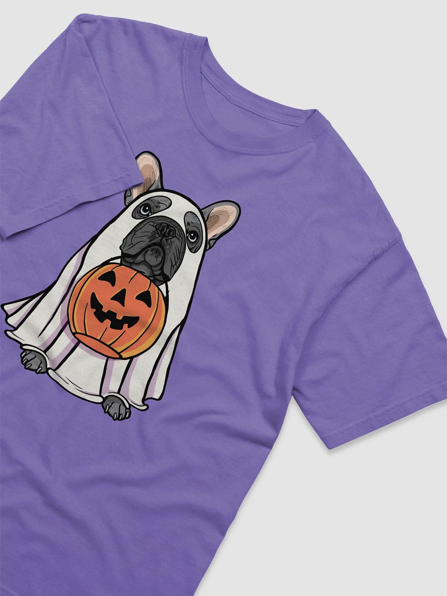 Funny Halloween French Bulldog(Blue) T-Shirt | Funny Frenchie Wearing a Ghost Costume and Holding a Pumpkin Basket product image (29)