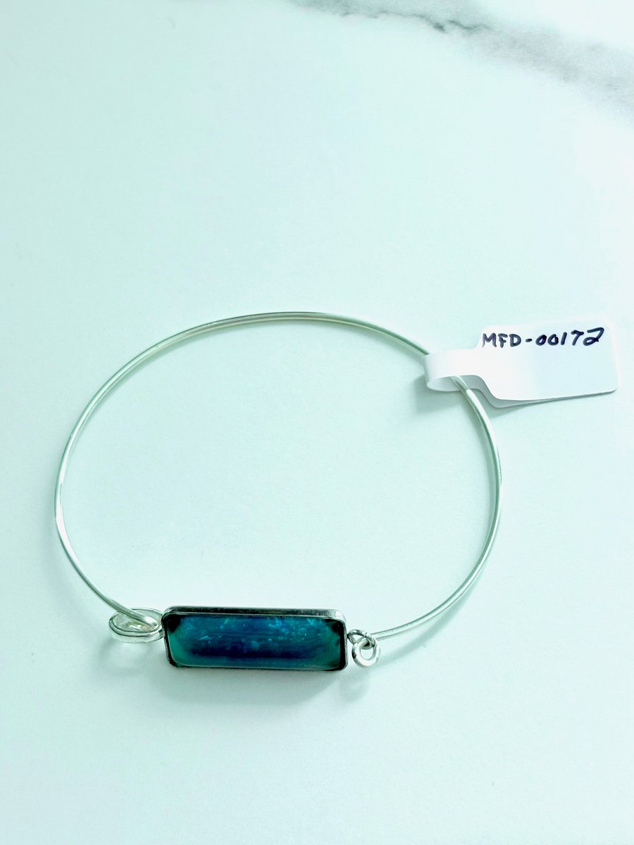 ⚡ Electric Tide Bangle | 7" Silver-Plated Wire Bracelet with Blue Green Rectangle Charm | Handmade Coastal Charm Jewelry by Monique Faella Designs™ | MFD-00172 product image (8)