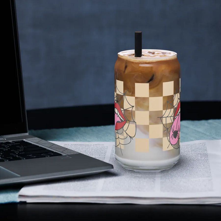 Spooky Chic: Halloween Glassware -Playful Spider and Tongue Design - Can, Wood Cover and Metal Straw product image (3)