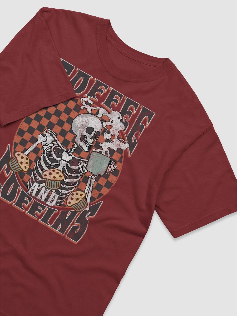 Coffee and Coffins Skeleton Drinking Coffee T-Shirt | Funny Fall and Halloween Skeleton Design for Coffee Lovers product image (10)