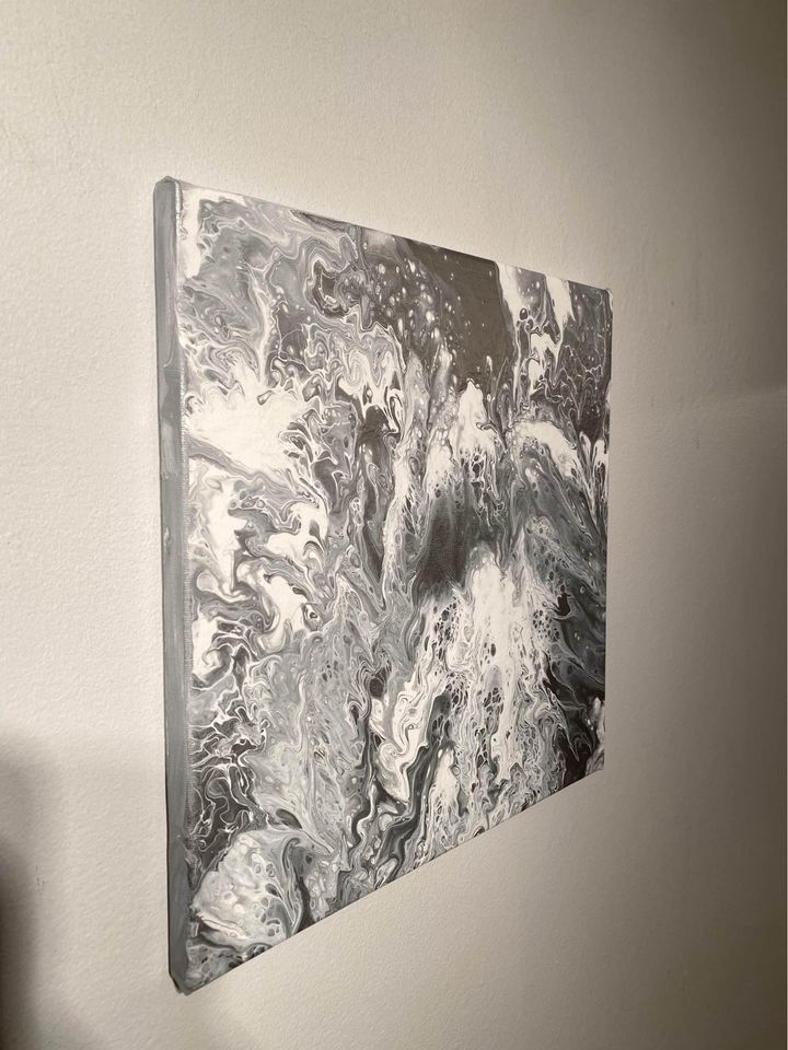 Silver & White Abstract Acrylic Pour Painting on 12x12 Inch Canvas product image (2)