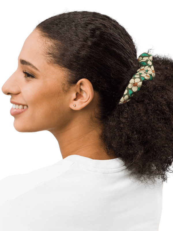 Cream Floral Scrunchie with Green Background – Boho Hair Accessory product image (2)