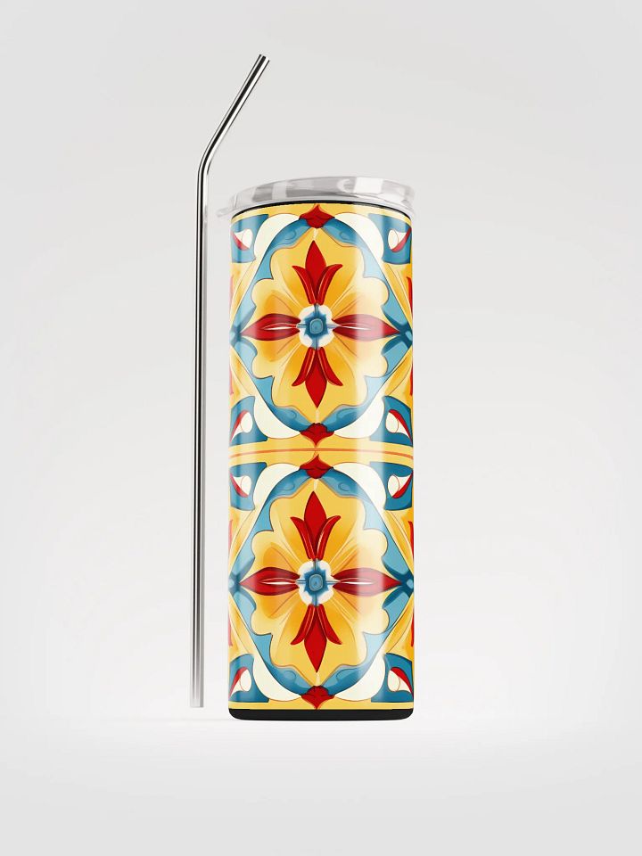 Colorful Brite Tile Pattern, Reds, Yellows, Blues, White Skinny Tumbler with Straw, 20oz product image (2)