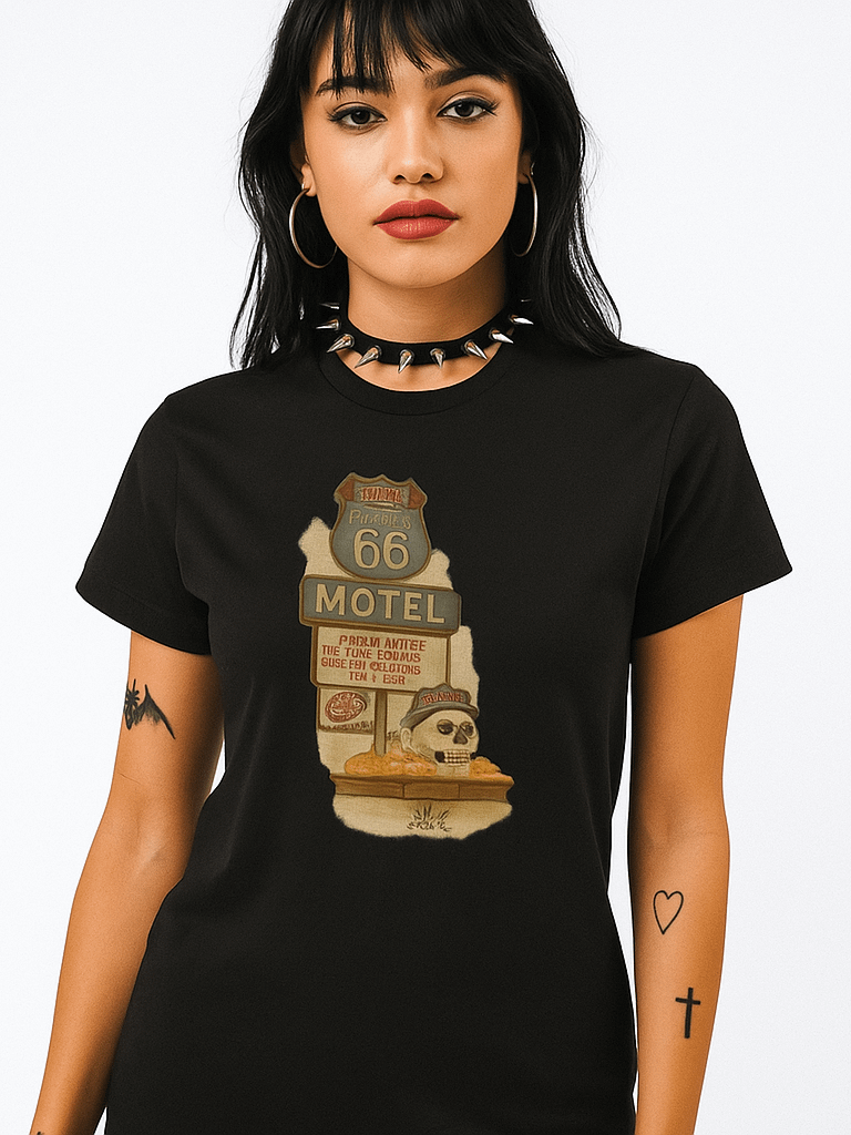 Route 66 Motel Skull T-Shirt – Vintage Día de los Muertos Inspired Graphic Tee | Bella Canvas Unisex product image (1)