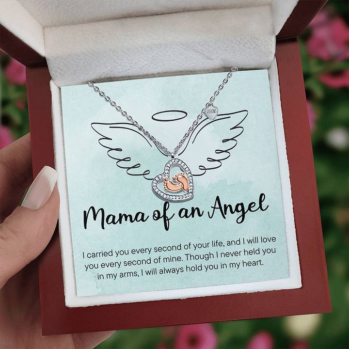 Mama of an Angel – Memorial Baby Feet Heart Necklace product image (1)