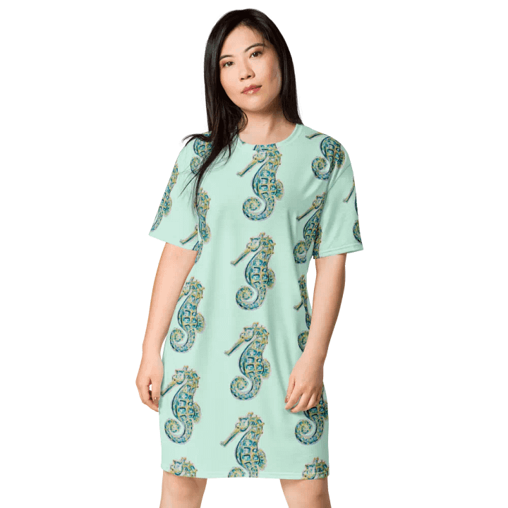 Women's | Ocean Majesty | Painted Seahorse | T-Shirt Dress | Coastal Oversized Dress | Ocean-Inspired Casual Style | Hummingbird Background product image (1)