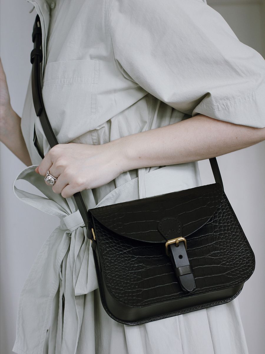 Black Croc Embossed Leather Saddle Bag – Small product image (7)