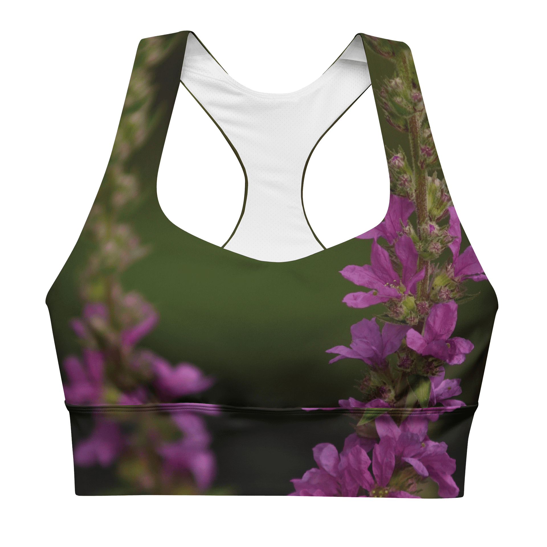 Longline-Sport-BH aus recyceltem Material - Violette Blüten vor dunklem Hintergrund product image (1)