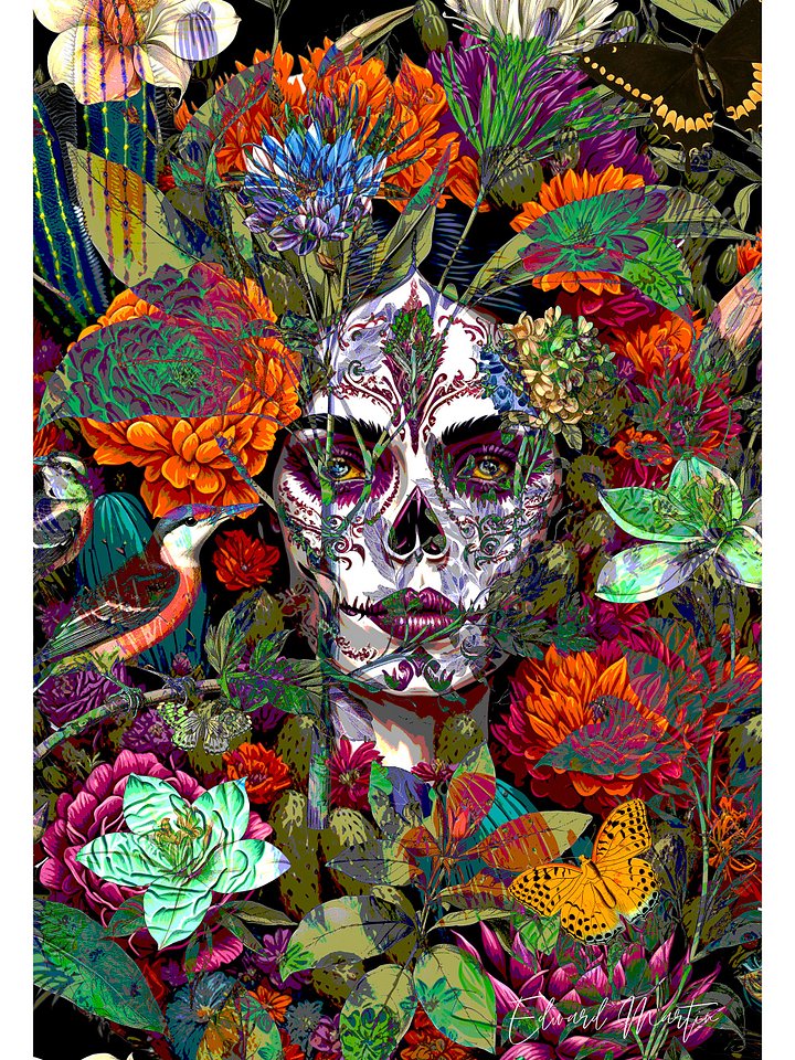 "Flor de Calavera" - A Captivating Mixed Media Collage Print by Edward Martin product image (1)