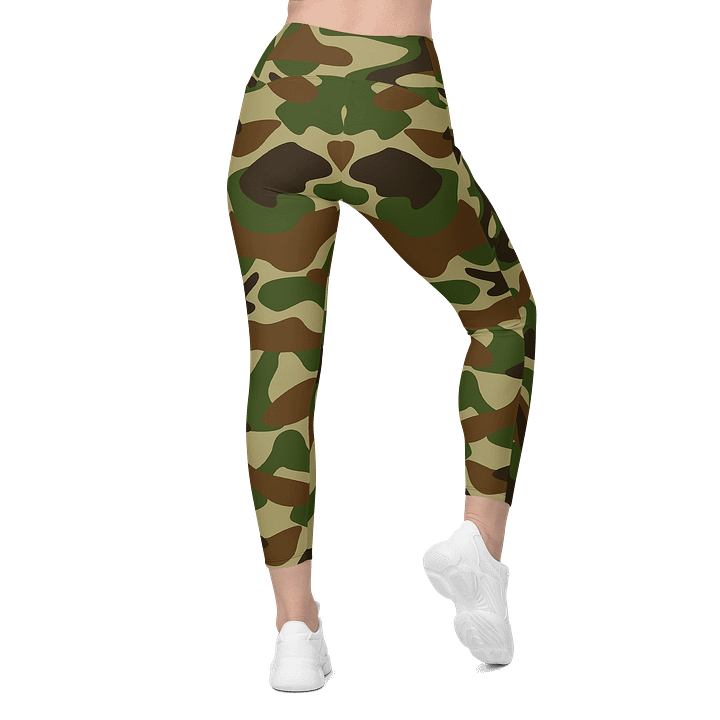 Woodland Green Army Camouflage Military Camo Pattern Crossover Leggings with Pockets product image (2)